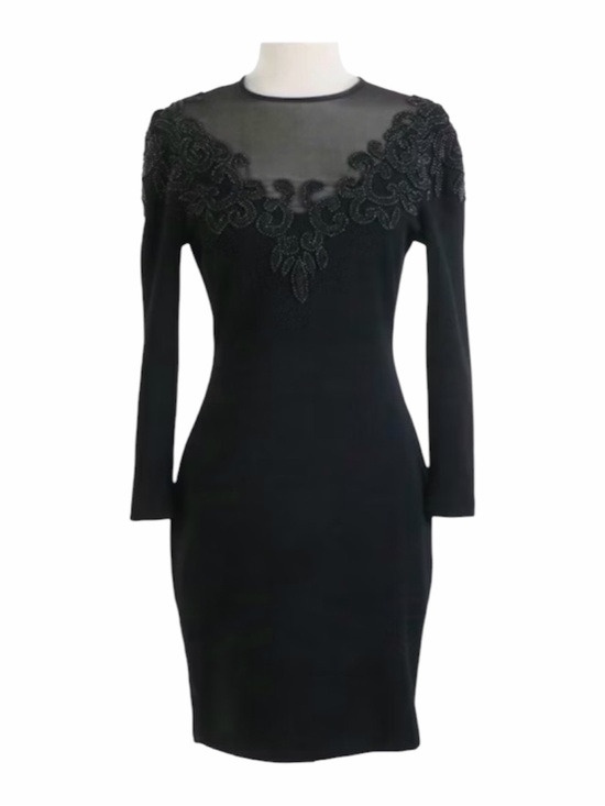 Carmen Marc Valvo Dresses & Skirts - Carmen Marc Valvo Dress Black Beaded BodyCon Dress Wool Floral Applique Size M